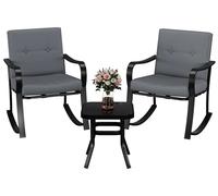 Ensemble de salon de jardin avec balancières - Ensemble de mobilier de jardin en 3 pièces - 2 fauteuils à bascule et une table avec plateau en verre trempé - Structure en métal résistante aux intempér