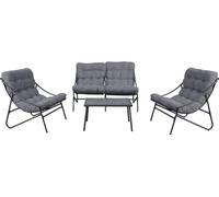 Ensemble de salon de jardin : canapé, 2 chaises, table en acier avec plateau en verre, gris, 128 x 85 x 95 cm