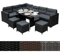 Ensemble de salon de jardin, coin salon en rotin et polyrotin, salon de jardin noir, canapé d'angle, pouf, table avec plateau en verre, protection UV, imperméable, coussins d'assise et de dossier gris