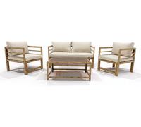 Ensemble de salon de jardin composé de 4 pièces, en métal laqué avec un aspect bois vieilli, comprenant un canapé 2 places, 2 fauteuils, une table basse en polywood et des coussins amovibles Cortina