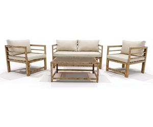 Ensemble de salon de jardin composé de 4 pièces, en métal laqué avec un aspect bois vieilli, comprenant un canapé 2 places, 2 fauteuils, une table basse en polywood et des coussins amovibles Cortina