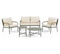 Ensemble de salon de jardin composé de 5 pièces, en métal laqué vert sauge, comprenant un canapé 2 places, 2 fauteuils, 2 tables d'appoint, un dossier tressé et des coussins amovibles. Modèle Jesolo