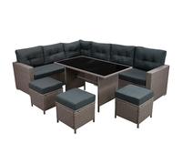 Ensemble de Salon de Jardin d'Angle en Rotin Gris, Canapé en Forme de L 9 places, Tabourets, Table en Verre Trempé, Coussins Gris Imperméables Protégés Contre UV [Housse de Pluie INCLUS]