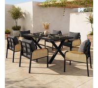Ensemble de salon de jardin en rotin Flieks, 7 pièces, comprenant une table et 6 chaises, ensemble de mobilier de jardin avec table à manger pour 6 personnes, ensemble de salon de jardin avec coussins