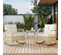 Ensemble de salon de jardin Fliek, ensemble de meubles de balcon en rotin, fauteuil à bascule pour 2 personnes, table de jardin avec plateau en verre, ensemble de salon de jardin pour terrasse, 3 pièc