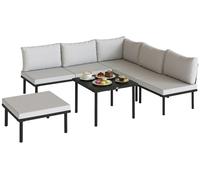 Ensemble de salon de jardin - Groupe de sièges en forme de L pour 5 à 6 personnes - Composé d'une banquette pour 2 personnes, de 2 fauteuils, d'un fauteuil d'angle, d'une table à lattes et d'un pouf -