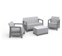 Ensemble de salon de jardin Keter Scandi Linea, 4 pièces avec coussins - 2 fauteuils, un canapé 2 places et une table d'appoint avec rangement - aspect jute - gris clair