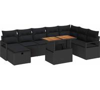 Ensemble de salon de jardin moderne 9 pièces, polyrotin noir et bois d'acacia massif, 8 places, avec table et pouf, durable