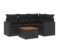 Ensemble de salon de jardin modulaire 5 pièces, poly rotin noir, table acacia, coussins déhoussables lavables, résistant UV, 110 kg par siège