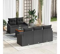 Ensemble de salon de jardin modulaire 6 pièces canapé en rotin noir avec rangement, dessus de table en bois d'acacia, cadre en acier revêtu par poudre, coussins en mousse.