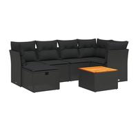 Ensemble de salon de jardin modulaire 7 pièces, poly rotin noir, cadre acier, table acacia, coussins déhoussables lavables, résistant UV