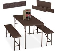 Ensemble de salon de jardin pliable Relaxdays, ensemble de 3 pièces comprenant un grand banc et une grande table, pour le jardin ou les fêtes, aspect rotin, marron