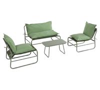 Ensemble de salon de jardin pour 4 personnes avec table en verre, modèle Rebecca Leran, en métal, avec coussins en polyester imperméable, de couleur verte