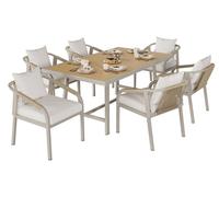 Ensemble de salon de jardin pour 6 personnes, composé d'une table et de 6 chaises, structure en tube d'acier galvanisé, plateau en bois synthétique, motif tressé, couleur kaki et beige