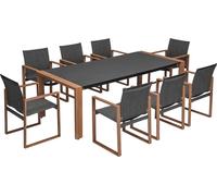 Ensemble de salon de jardin pour 8 personnes, table en verre trempé et 8 fauteuils, anthracite / marron, 220 x 100 x 74,5 cm