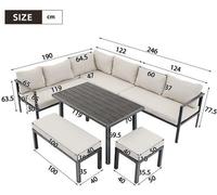 Ensemble de salon de jardin pour 9 personnes : table en bois, table en plastique, banquette d'angle
