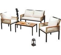 Ensemble de salon en poly rotin et bois d'acacia - 2 fauteuils, banquette double et table - Ensemble de salon de jardin avec coussins confortables - Blanc
