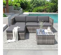 Ensemble de salon en polyester avec banquette d'angle, coussins d'assise et de dossier, table à plateau en verre, gris