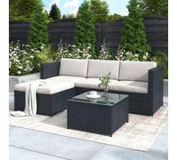 Ensemble de salon en polyester, salon de jardin, banquette d'angle, ensemble comprenant des coussins d'assise et de dossier, table avec plateau en verre, noir