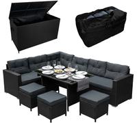 Ensemble de salon en rotin et coffre de jardin | Canapé d'angle 9 places avec coussins épais, table en verre, grands coussins et coffre de rangement de 582 L | Pour l'extérieur et le jardin | Résistan