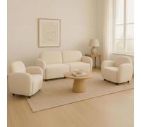 Ensemble de salon HWC-P33, canapé 2 places, 2 fauteuils, tissu/textile chenille (330 g/m²) Oeko-Tex crème