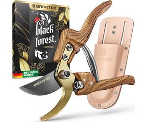 Ensemble de sécateurs de jardin premium GRÜNTEK, modèle bypass de 210 mm, avec étui en cuir véritable, édition Forêt Noire, idée cadeau. Lame de précision avec revêtement antiadhésif, revêtement en ti