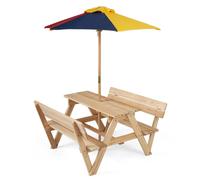Ensemble de sièges d'extérieur pour enfants COSTWAY avec parasol, table de pique-nique et 2 bancs, ensemble de sièges pour enfants en bois de sapin pour 4 enfants à partir de 3 ans