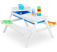 Ensemble de sièges d'extérieur pour enfants Relaxdays, banc de pique-nique en bois, bacs en plastique pour jouer dans la boue, H x l x P : 50 x 89 x 85 cm, blanc