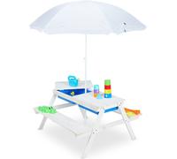 Ensemble de sièges d'extérieur Relaxdays pour enfants, banc de pique-nique de jardin avec parasol, en bois, table de jeux avec bac à sable et à eau pour enfants, blanc
