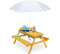 Ensemble de sièges d'extérieur Relaxdays pour enfants, banc de pique-nique de jardin avec parasol, en bois, table de jeux avec sable et eau pour enfants, couleur naturelle