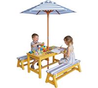 Ensemble de sièges d'extérieur Relaxdays pour enfants, banc de pique-nique de jardin avec parasol et coussins, en bois, mobilier de jardin pour enfants, couleur naturelle