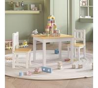 Ensemble de sièges pour enfants, composé de 3 éléments, en MDF blanc et beige : 1 table de 60x50x48 cm et 2 chaises de 25x25x55 cm. Idéal pour les chambres d'enfants, les bébés et les jeunes enfants,
