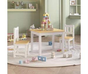 Ensemble de sièges pour enfants, composé de 3 éléments, en MDF blanc et beige : 1 table de 60x50x48 cm et 2 chaises de 25x25x55 cm. Idéal pour les chambres d'enfants, les bébés et les jeunes enfants,