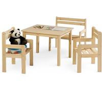 Ensemble de sièges pour enfants, composé de : une table pour enfants, un banc et 2 chaises. Couleur : marron. Matériau : bois massif de pin. Ensemble de sièges, groupe de tables pour enfants, ensemble