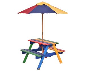 Ensemble de sièges pour enfants COSTWAY avec parasol, ensemble de sièges pour enfants en bois massif, table de pique-nique pour enfants, ensemble de sièges d'extérieur, ensemble de sièges, mobilier de
