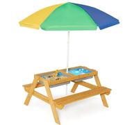 Ensemble de sièges pour enfants en bois de Tannenholz, table d'extérieur pour enfants avec parasol réglable en hauteur, plateau de table amovible et 2 coffres de rangement, table de pique-nique, ensem