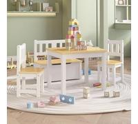 Ensemble de sièges pour enfants en MDF, blanc et beige, comprenant une table, des chaises et un banc coffre, idéal pour une chambre d'enfant ou une chambre de bébé. Cet ensemble est parfait pour jouer