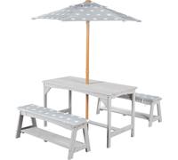 Ensemble de sièges pour enfants Outdoor+ de roba, comprenant 1 table, 2 bancs, un parasol Little Stars et des coussins, en bois massif gris