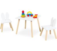 Ensemble de sièges pour enfants Relaxdays, 3 pièces, table pour enfants, 2 chaises, oreilles de lapin, coin salon pour chambre d'enfant, blanc/naturel