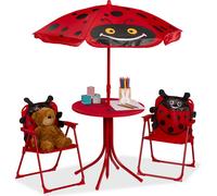 Ensemble de sièges pour enfants Relaxdays Camping, motif coccinelle, ensemble comprenant un parasol, des chaises pliantes et une table, rouge