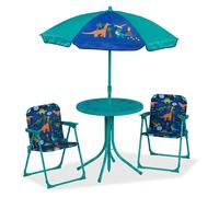 Ensemble de sièges pour enfants Relaxdays Camping, motif dinosaure, ensemble comprenant un parasol, des chaises pliantes et une table, pour le jardin, turquoise