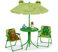 Ensemble de sièges pour enfants Relaxdays Camping, motif grenouille, ensemble de sièges pour enfants avec parasol, chaises pliantes et table, jardin, vert