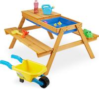 Ensemble de sièges pour enfants Relaxdays en bois, table de jeu et cuisine de sable 2 en 1, table de pique-nique pour le jardin, H x l x P : 49 x 90 x 85 cm, couleur naturelle
