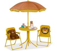 Ensemble de sièges pour enfants Relaxdays pour le camping, motif lion, ensemble comprenant un parasol, des chaises pliantes et une table, pour le jardin, jaune