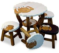 Ensemble de sièges pour enfants sur le thème des moutons - Set de 5 pièces pour la chambre d'enfant - Table et tabouretsReproductionés de motifs de moutons - Ensemble de sièges en bois massif sur le t