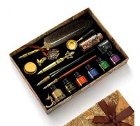 Ensemble de stylos plume anciens gris, comprenant un porte-stylo, un plume en verre et en bois, des perles de cire, un sceau, une bougie et de l'encre