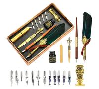 Ensemble de stylos-plumes Federkiel avec cire scellante et plume trempée, vert foncé, coffret cadeau rétro