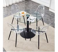 Ensemble de table à manger 4 personnes, table ronde 85 cm et 4 chaises, verre trempé transparent