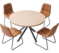 Ensemble de table à manger 5 pièces, table de cuisine ronde peu encombrante avec 4 chaises rembourrées orange, coussins en cuir PU, bureau moderne couleur bois avec patins réglables pour salle à mange