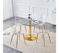 Ensemble de table à manger moderne Ø 85 cm avec 4 chaises | Table de cuisine ronde en verre de sécurité de 8 mm d'épaisseur et piètement doré | Ensemble de salle à manger peu encombrant pour la cuisin
